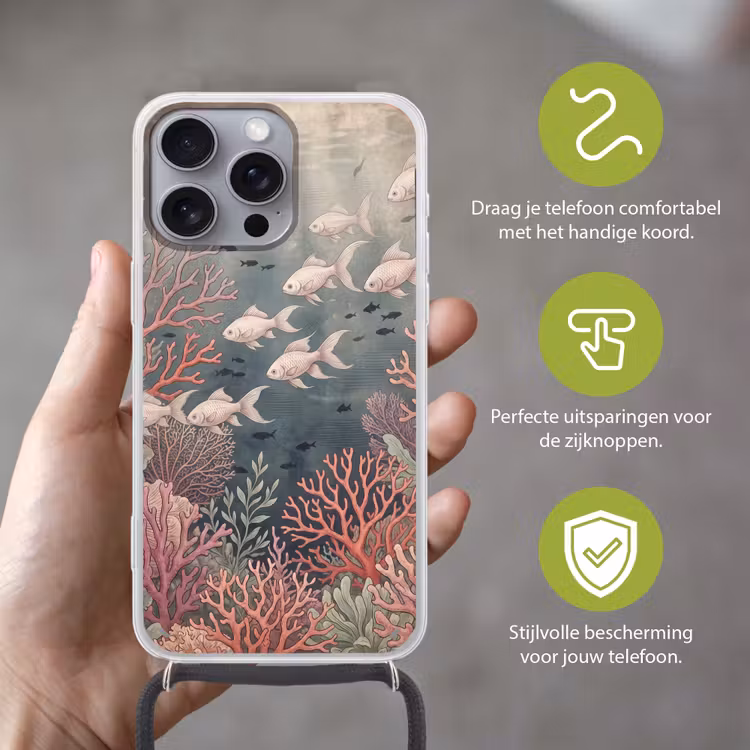Vis - Koraal - Onderwater - Illustratie - Vintage Hoesje iPhone 16 Pro Max met koord klein -sfeer2_NL