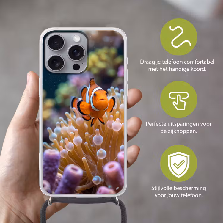 Vis - Koraal - Onderwater - Oranje - Dieren Hoesje iPhone 16 Pro Max met koord klein -sfeer2_NL