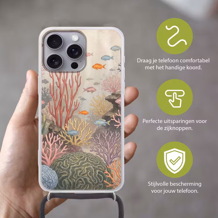 Vis - Koraalrif - Onderwaterwereld - Illustratie Hoesje iPhone 16 Pro Max met koord klein -sfeer2_NL