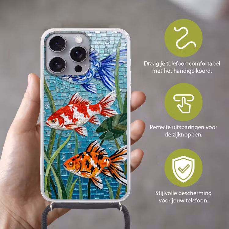 Vis - Mozaïek - Onderwater - Kleurrijk - Dieren Hoesje iPhone 16 Pro Max met koord klein -sfeer2_NL