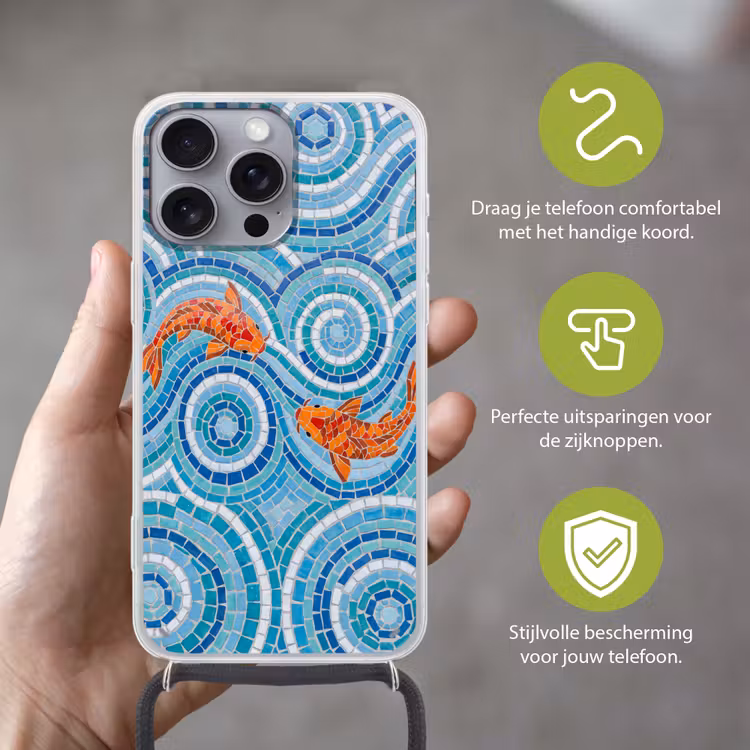 Vis - Mozaïek - Water - Decoratief - Blauw Hoesje iPhone 16 Pro Max met koord klein -sfeer2_NL