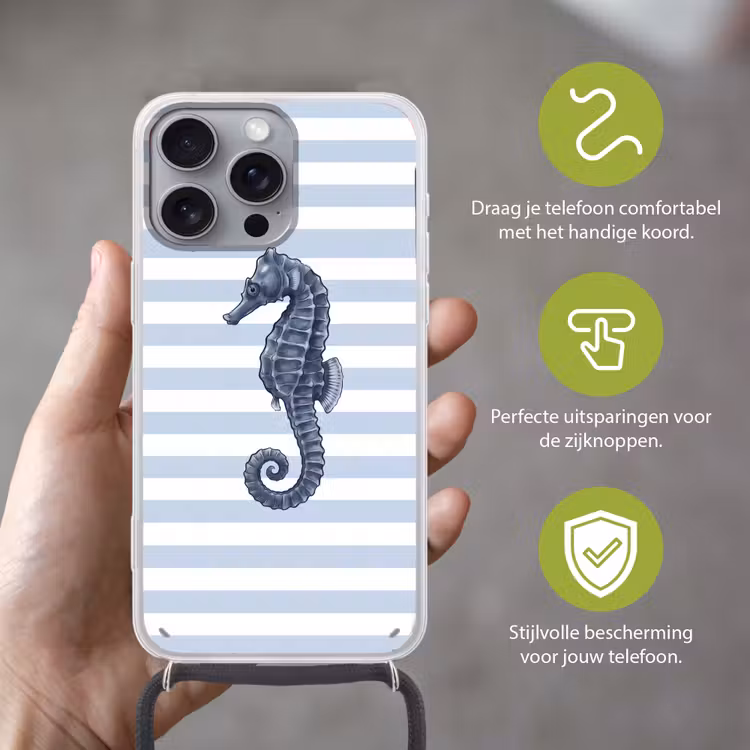 Vis - Oceaan - Illustratie - Blauw - Strepen Hoesje iPhone 16 Pro Max met koord klein -sfeer2_NL