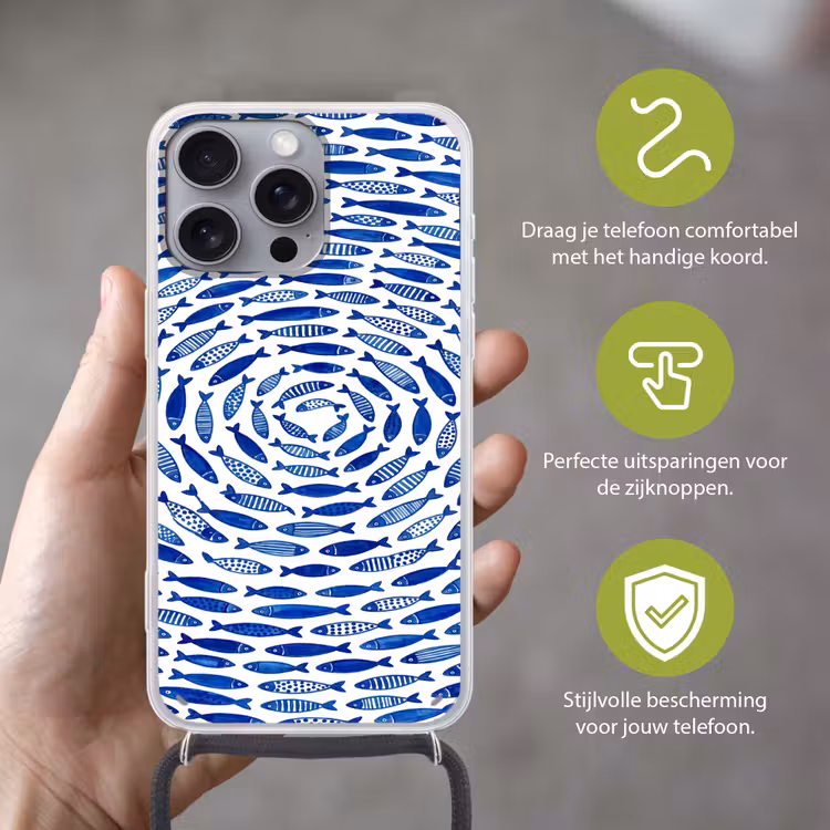 Vis - Patroon - Onderwater - Abstract - Blauw Hoesje iPhone 16 Pro Max met koord klein -sfeer2_NL