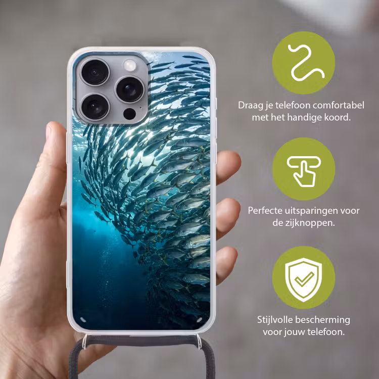 Vis - School - Oceaan - Natuur - Blauw Hoesje iPhone 16 Pro Max met koord klein -sfeer2_NL