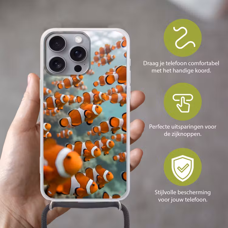 Vis - School - Onderwater - Dieren - Oranje Hoesje iPhone 16 Pro Max met koord klein -sfeer2_NL