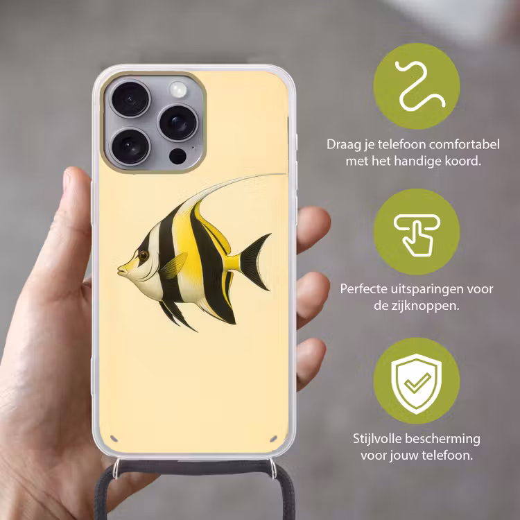 Vis - Sierlijk - Rugvin - Geel Hoesje iPhone 16 Pro Max met koord klein -sfeer2_NL