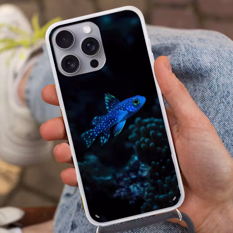 Vis - Stippen - Koraal - Blauw Hoesje iPhone 16 Pro Max met koord klein -sfeer3