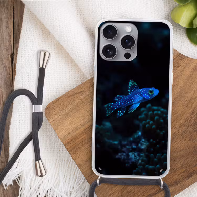 Vis - Stippen - Koraal - Blauw Hoesje iPhone 16 Pro Max met koord klein -sfeer4