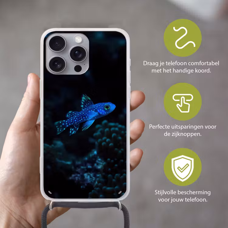 Vis - Stippen - Koraal - Blauw Hoesje iPhone 16 Pro Max met koord klein -sfeer2_NL