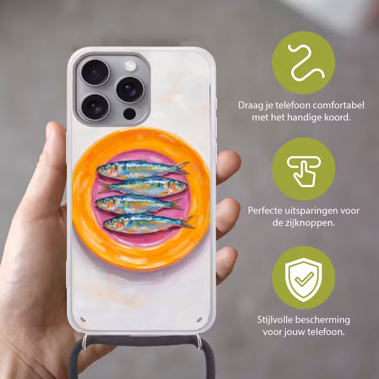 Vis - Vier - Eten - Modern - Kleurrijk Hoesje iPhone 16 Pro Max met koord klein -sfeer2_NL