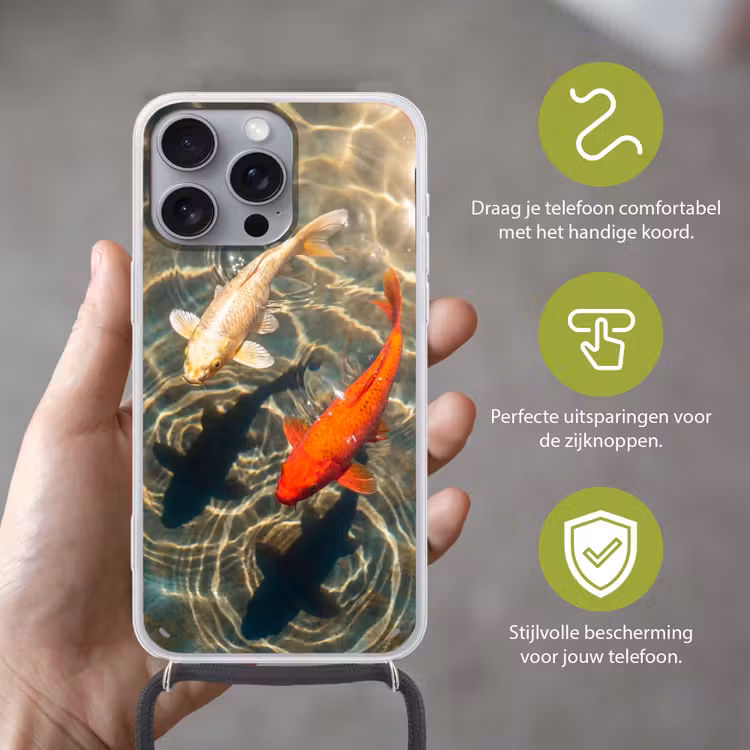 Vis - Water - Dieren - Oranje - Goud Hoesje iPhone 16 Pro Max met koord klein -sfeer2_NL