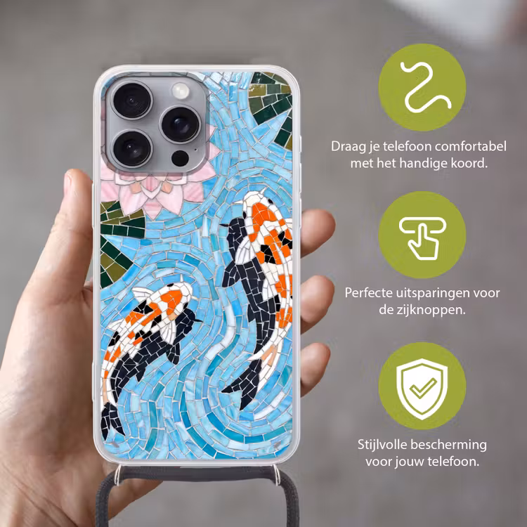 Vis - Water - Natuur - Mozaïek - Blauw Hoesje iPhone 16 Pro Max met koord klein -sfeer2_NL