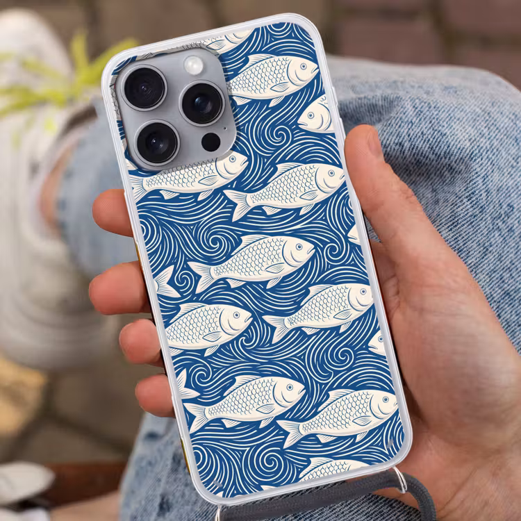 Vis - Water - Patroon - Grafisch - Blauw Hoesje iPhone 16 Pro Max met koord klein -sfeer3