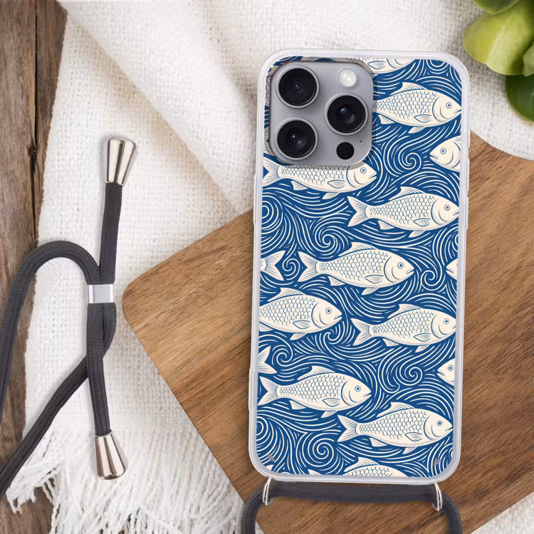 Vis - Water - Patroon - Grafisch - Blauw Hoesje iPhone 16 Pro Max met koord klein -sfeer4