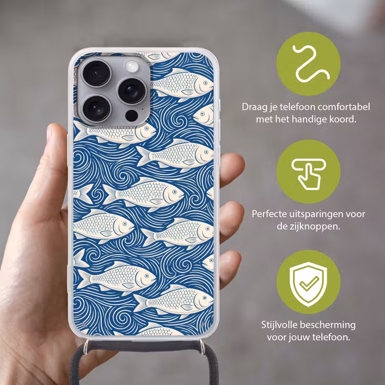 Vis - Water - Patroon - Grafisch - Blauw Hoesje iPhone 16 Pro Max met koord klein -sfeer2_NL