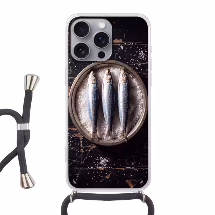 Telefoonhoesje met koord - Vis - Zout - Eten - Vis - Zout - Eten Hoesje iPhone 16 Pro Max met koord klein