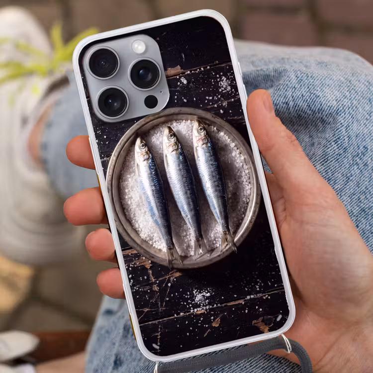 Telefoonhoesje met koord - Vis - Zout - Eten - Vis - Zout - Eten Hoesje iPhone 16 Pro Max met koord klein