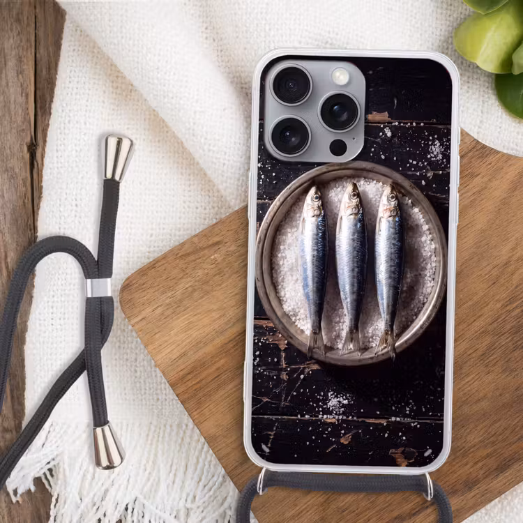 Telefoonhoesje met koord - Vis - Zout - Eten - Vis - Zout - Eten Hoesje iPhone 16 Pro Max met koord klein