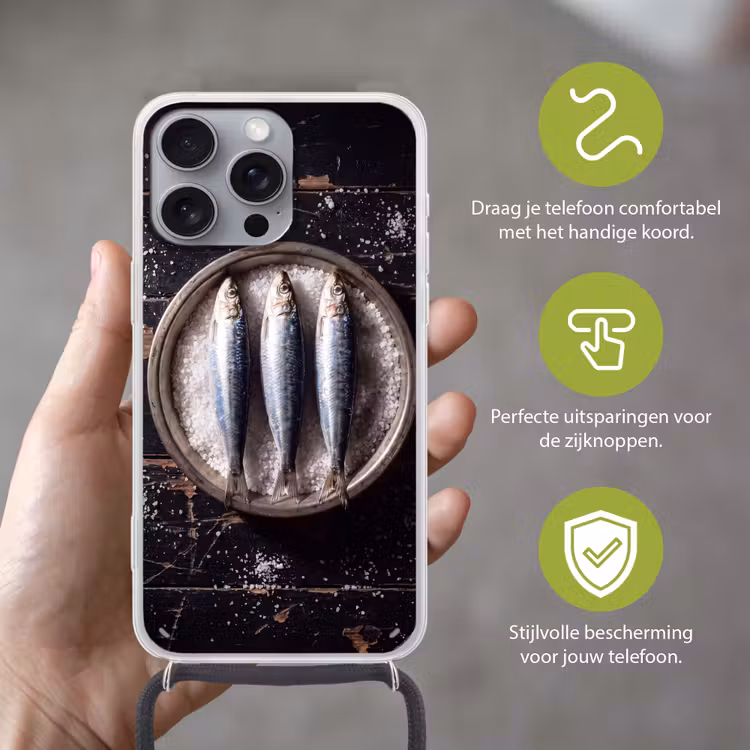 Telefoonhoesje met koord - Vis - Zout - Eten - Vis - Zout - Eten Hoesje iPhone 16 Pro Max met koord klein