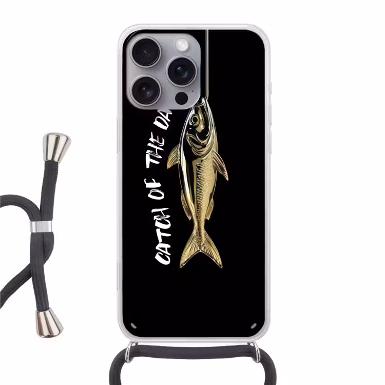 Vis - Zwart - Goud - Tekst Hoesje iPhone 16 Pro Max met koord klein -3d