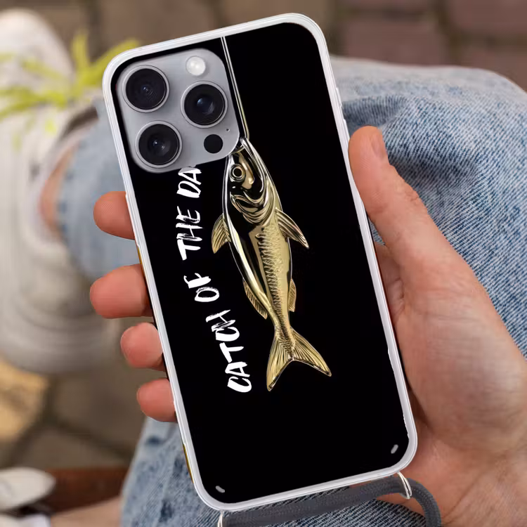 Vis - Zwart - Goud - Tekst Hoesje iPhone 16 Pro Max met koord klein -sfeer3