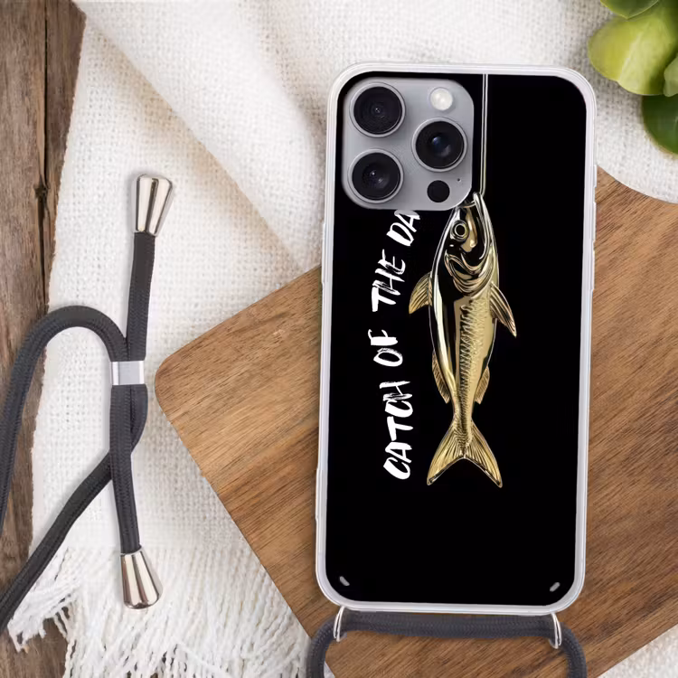 Vis - Zwart - Goud - Tekst Hoesje iPhone 16 Pro Max met koord klein -sfeer4