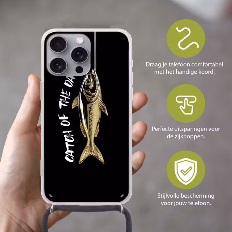Vis - Zwart - Goud - Tekst Hoesje iPhone 16 Pro Max met koord klein -sfeer2_NL