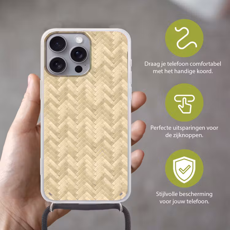 Visgraat - Tegel - Zand Hoesje iPhone 16 Pro Max met koord klein 804 -sfeer2_NL