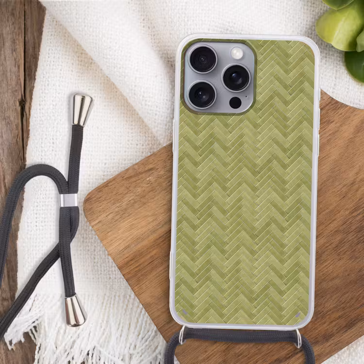 Visgraat - Wandtegel - Olijfgroen Hoesje iPhone 16 Pro Max met koord klein 804 -sfeer4