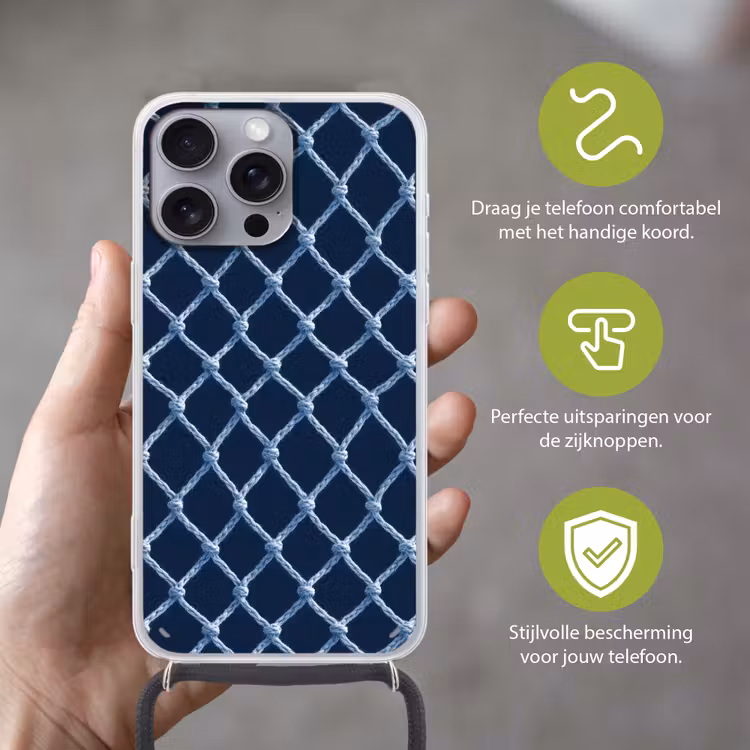 Visnet - Touw - Patroon - Marineblauw Hoesje iPhone 16 Pro Max met koord klein 804 -sfeer2_NL
