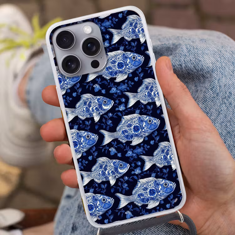 Vissen - Bloemen - Blauw Hoesje iPhone 16 Pro Max met koord klein 804 -sfeer3
