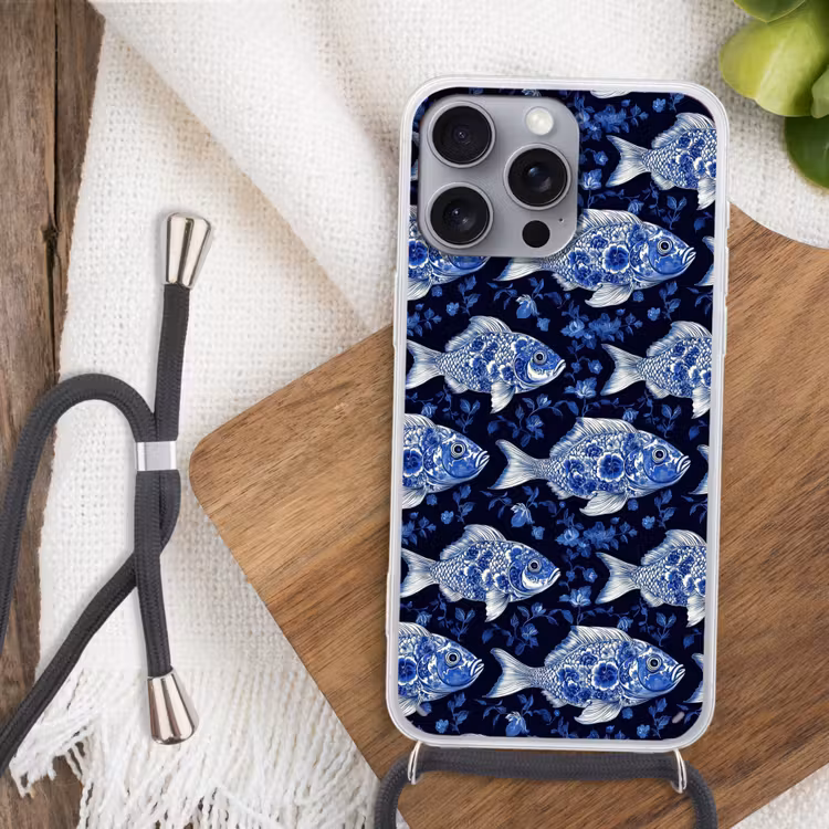 Vissen - Bloemen - Blauw Hoesje iPhone 16 Pro Max met koord klein 804 -sfeer4