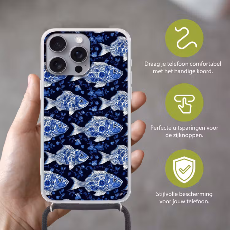 Vissen - Bloemen - Blauw Hoesje iPhone 16 Pro Max met koord klein 804 -sfeer2_NL