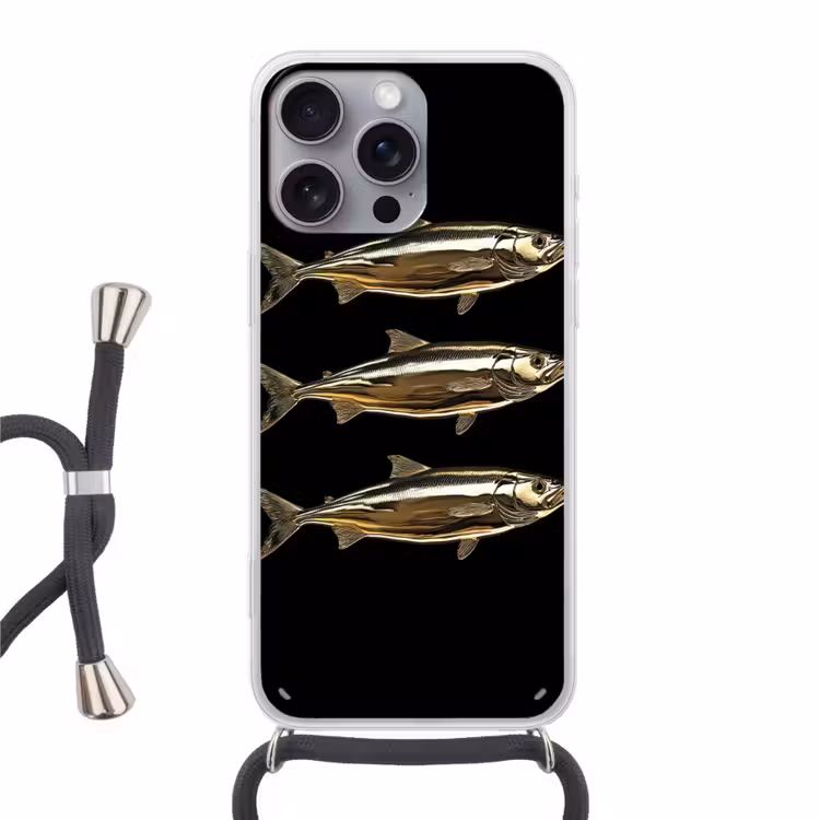 Vissen - Goud - Zwart Hoesje iPhone 16 Pro Max met koord klein -3d