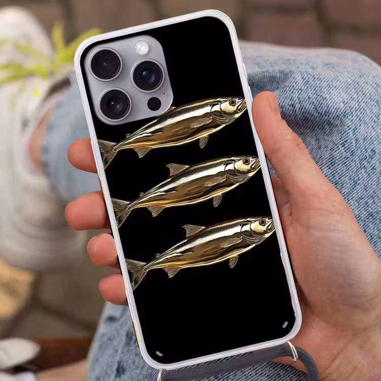 Vissen - Goud - Zwart Hoesje iPhone 16 Pro Max met koord klein -sfeer3