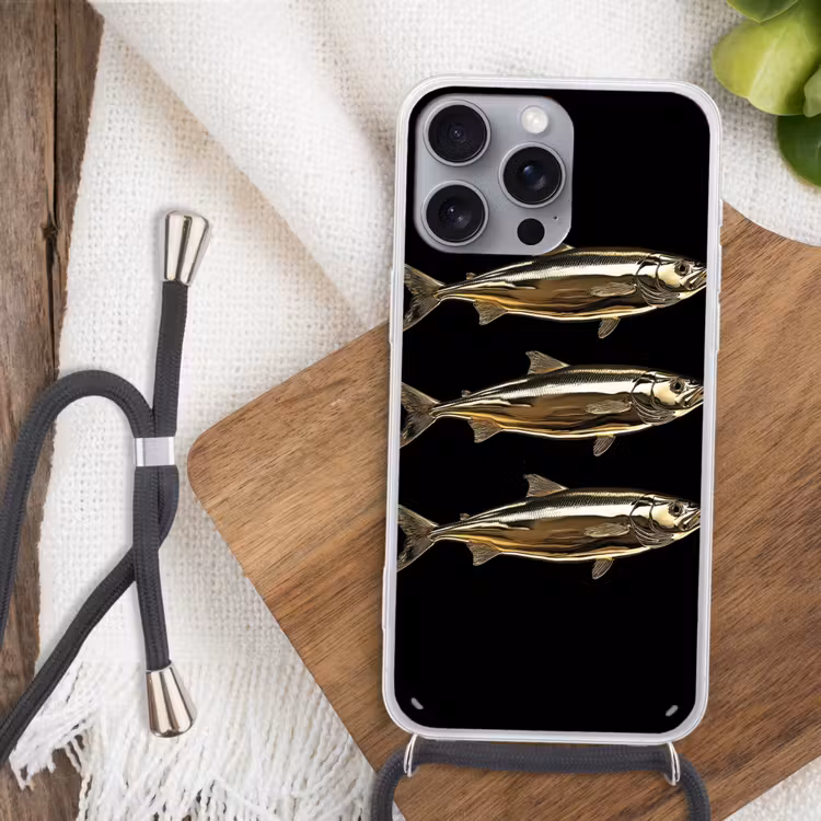 Vissen - Goud - Zwart Hoesje iPhone 16 Pro Max met koord klein -sfeer4