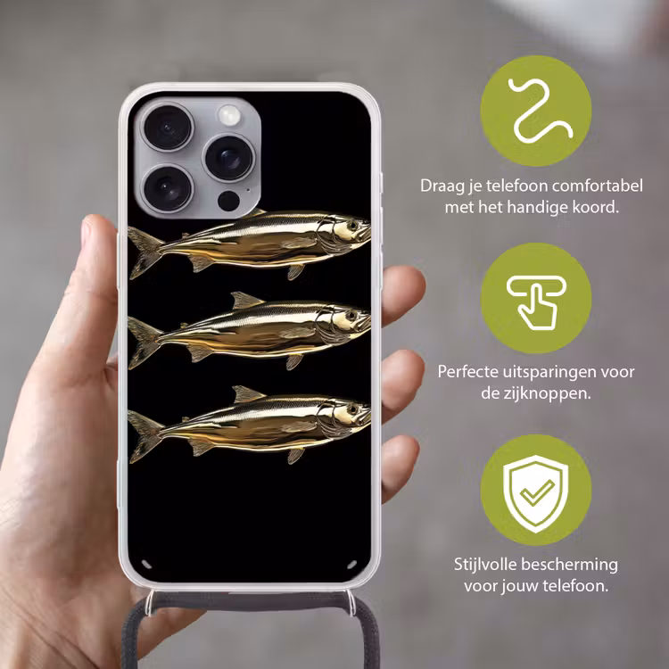 Vissen - Goud - Zwart Hoesje iPhone 16 Pro Max met koord klein -sfeer2_NL