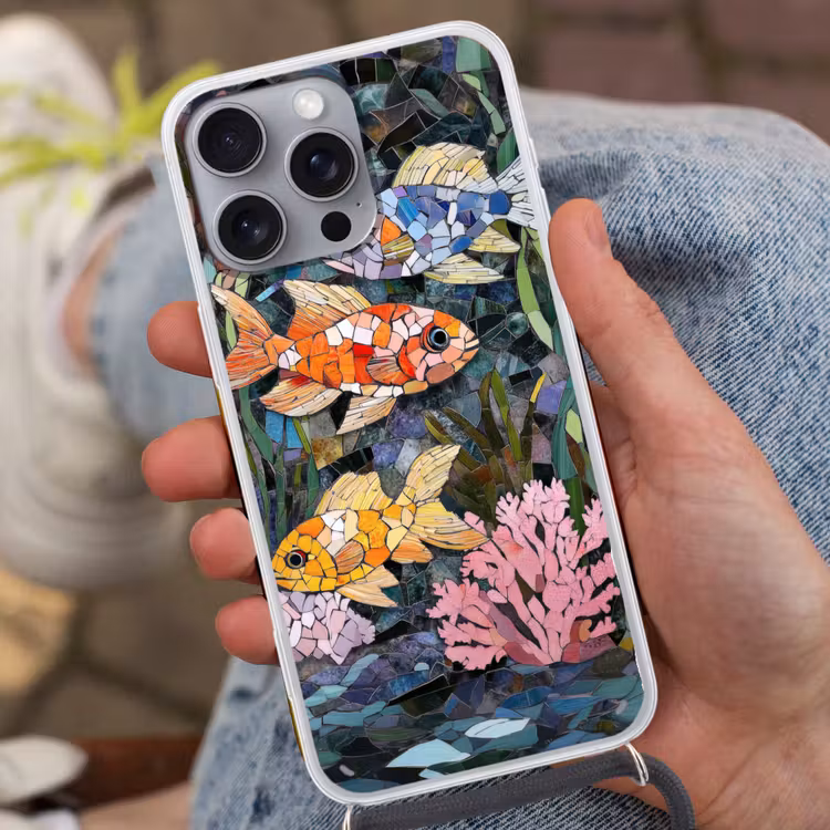Vissen - Koraal - Zee - Mozaïek Hoesje iPhone 16 Pro Max met koord klein -sfeer3
