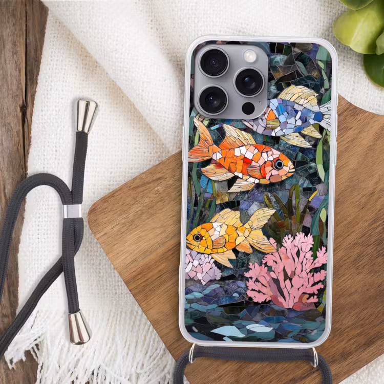 Vissen - Koraal - Zee - Mozaïek Hoesje iPhone 16 Pro Max met koord klein -sfeer4