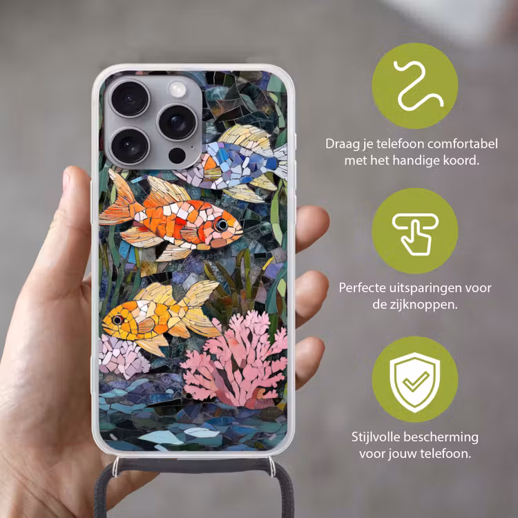 Vissen - Koraal - Zee - Mozaïek Hoesje iPhone 16 Pro Max met koord klein -sfeer2_NL