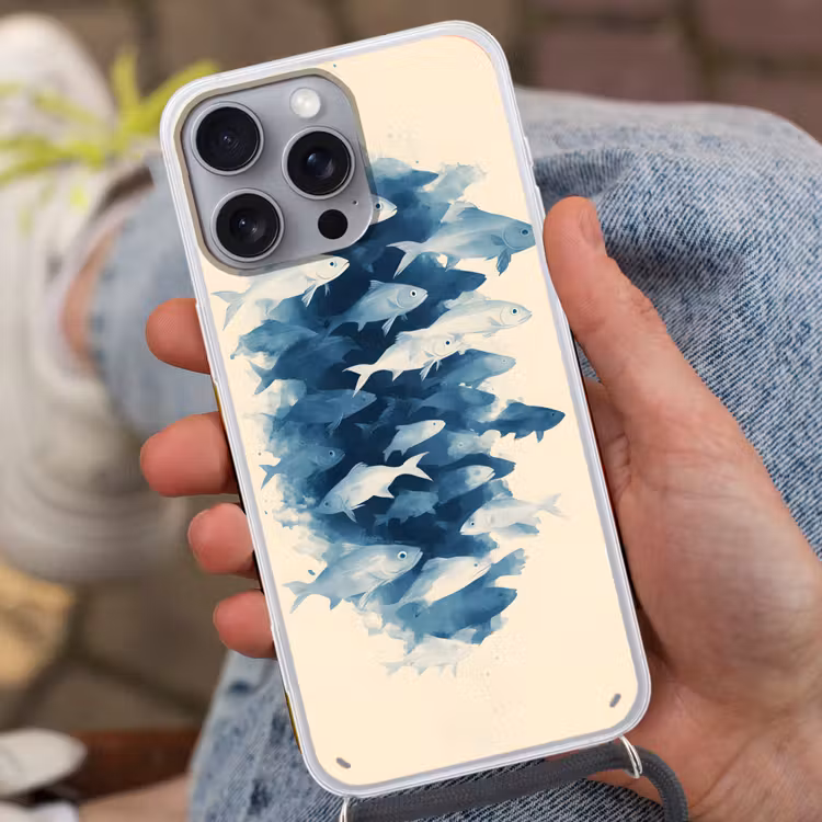 Vissen - Minimalistisch - Blauw Hoesje iPhone 16 Pro Max met koord klein -sfeer3