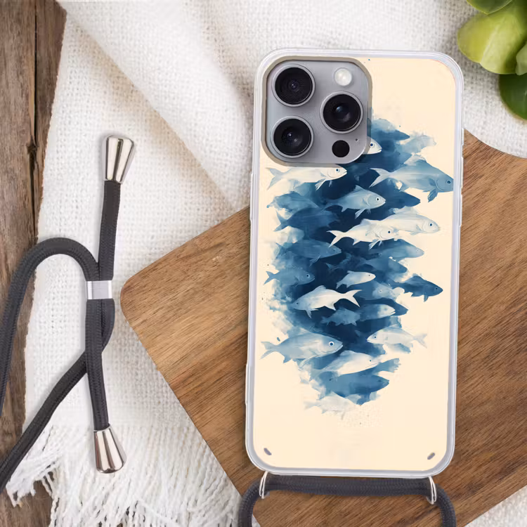Vissen - Minimalistisch - Blauw Hoesje iPhone 16 Pro Max met koord klein -sfeer4