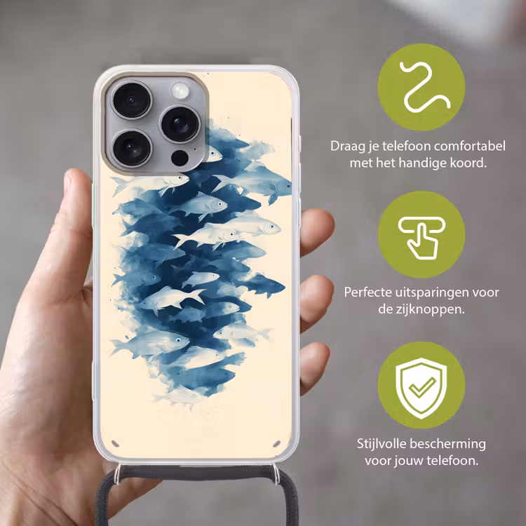 Vissen - Minimalistisch - Blauw Hoesje iPhone 16 Pro Max met koord klein -sfeer2_NL