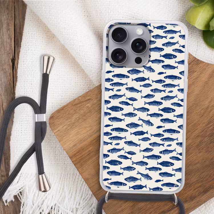Vissen - Patroon - Blauw - Wit Hoesje iPhone 16 Pro Max met koord klein 804 -sfeer4