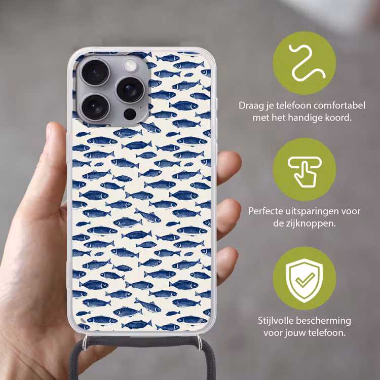 Vissen - Patroon - Blauw - Wit Hoesje iPhone 16 Pro Max met koord klein 804 -sfeer2_NL