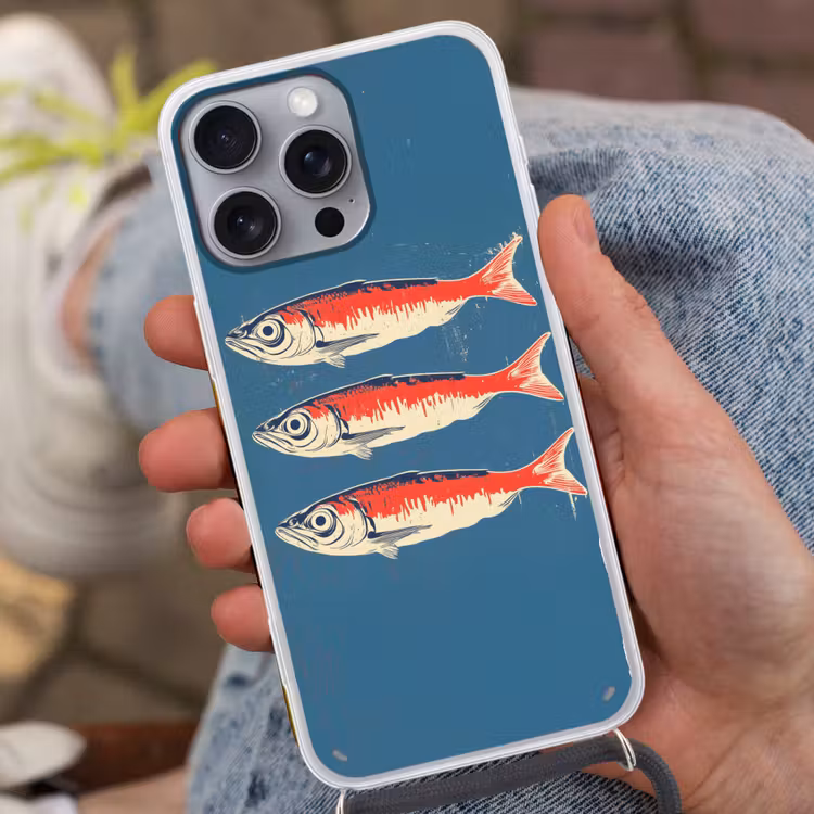Vissen - Rood - Blauw Hoesje iPhone 16 Pro Max met koord klein -sfeer3