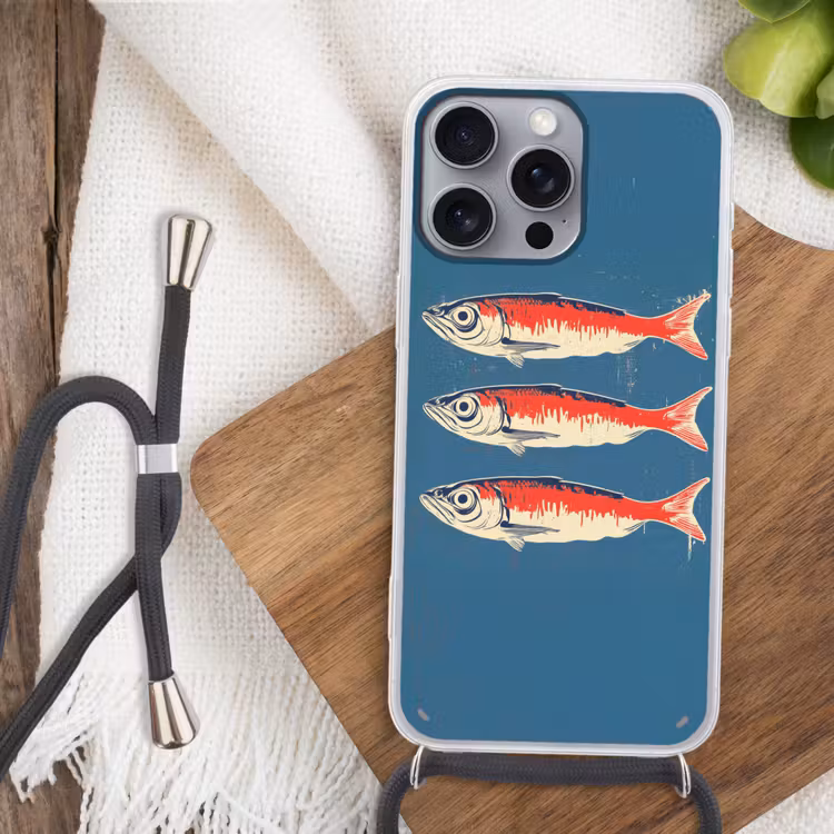 Vissen - Rood - Blauw Hoesje iPhone 16 Pro Max met koord klein -sfeer4