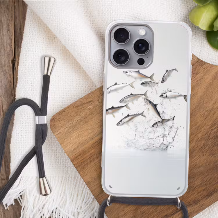 Vissen - Water - Wit Hoesje iPhone 16 Pro Max met koord klein -sfeer4