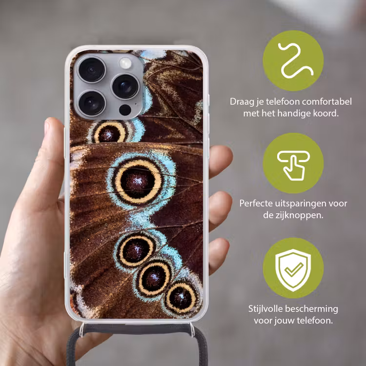 Vleugels - Vlinder - Blauw Hoesje iPhone 16 Pro Max met koord klein -sfeer2_NL