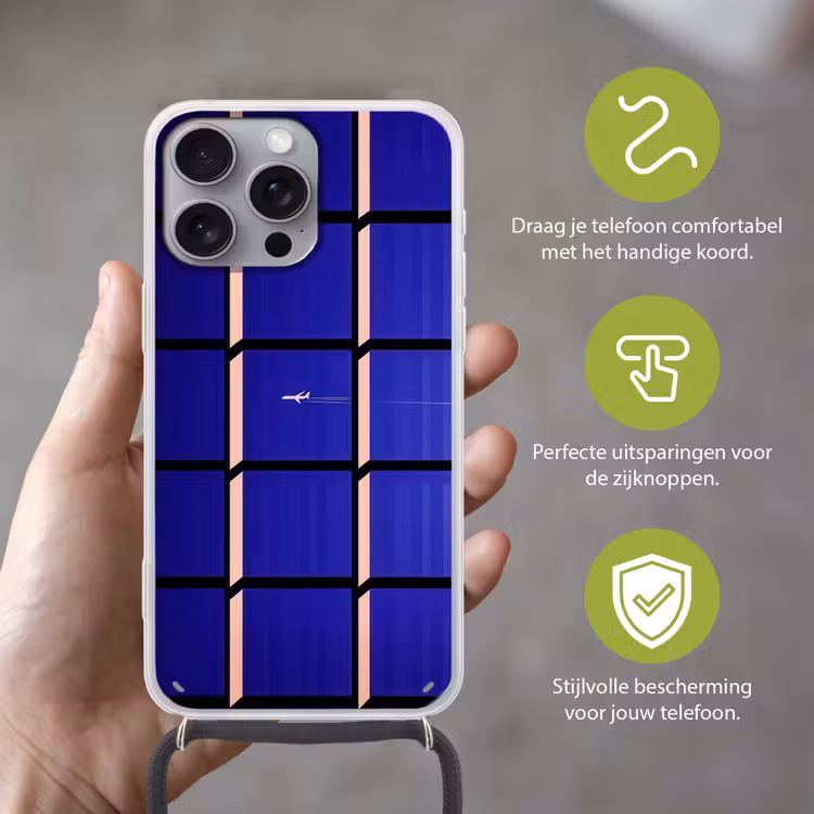 Vliegtuig - Ruiten - Blauw - Rechthoekig Hoesje iPhone 16 Pro Max met koord klein -sfeer2_NL